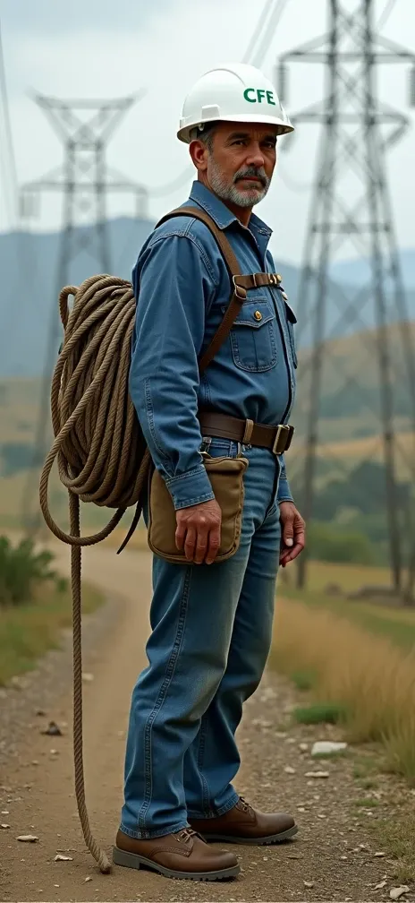 Federal Electricity Commission worker ,with brown boots , blue denim suit, white helmet with green CFE letters carrying a roll of rope for electric towers on his back 