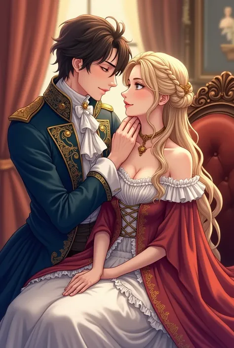 The cover of a webcomic with a couple.

 The woman is sitting and the man is standing behind her They are wearing 18th century royal clothes Anime style He is holding her chin 