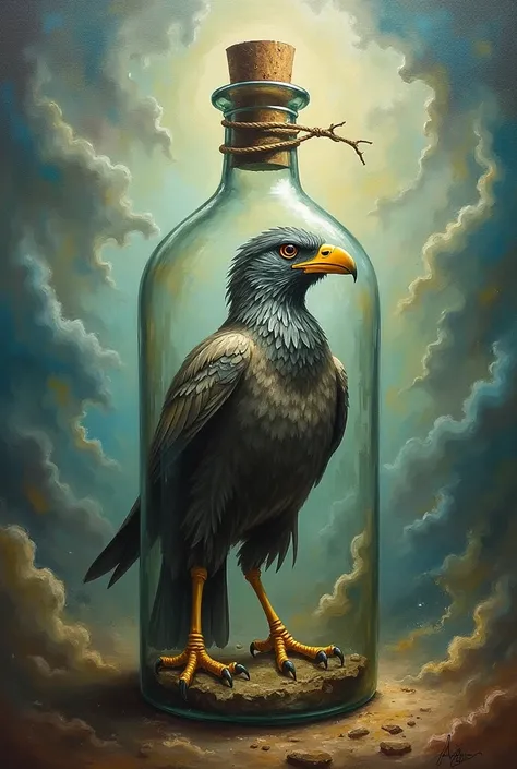 Bird facing adversity in the bottle surrealism painting 