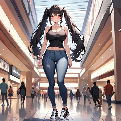 a girl, beautiful, sexy body, big hips, big breasts, cute face, (long straight black hair, Twintail hairstyle: 1), (red eyes: 1), tanktop, jeans, sneakers, mall background, very detailed background, high quality, high detail, perfect anatomy, very detailed...