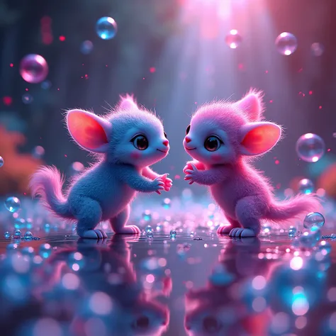 「High-quality 4K masterpiece CG images、Features highly detailed and intricate design。In the center are two unknown creatures playing happily with the bubbles.。The background is in neon pop abstract art style.、Cinema lighting is provided。Many detailed bubbl...