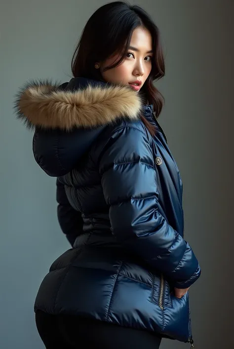 Beautiful Chinese woman,   tight lululemon leggings, round bum, navy blue shiny silk moncler puffer coat with fur hood, shiny satin silk bra, large breasts, seductive