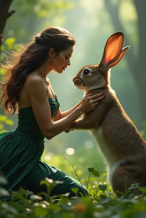 Beautiful sexy girl and rabbit fight scene looking at each other 