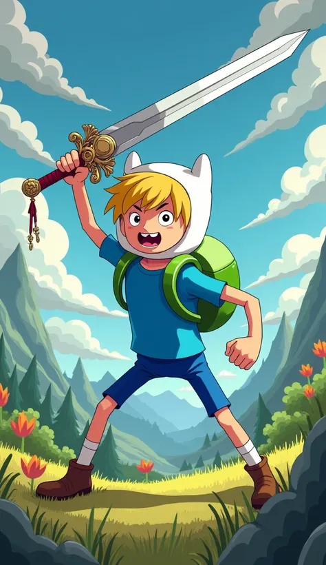 Finn the human from the adventure time show, holding a sword