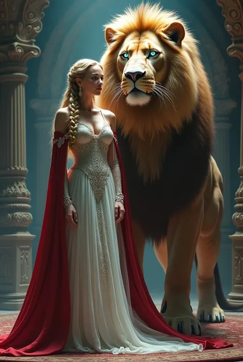 fantasy art, RPG art, ultra wide shot, RAW, photorealistic, a picture of woman and her (white: 1.4) lion pet, the woman,  an exquisite beautiful human woman, long blond hair, braided hair, blue eyes, wearing elegant white dress, intricate dress,  wearing (...