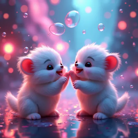 「High-quality 4K masterpiece CG images、Features highly detailed and intricate design。In the center are two unknown fluffy creatures happily playing with the bubbles.。The background is in neon pop abstract art style.、Cinema lighting is provided。Many detaile...