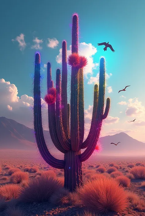 On a hot day, with a blue sky and some condors soaring high above, in the foreground a cactus echinopsis pachanoy with many branches, has a drill around it, like an aura of magnificent colors, surreal violet red orange glow on this at the tip of the cactus...