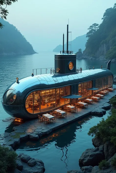 Create a photo of a submarine-shaped cafe for me