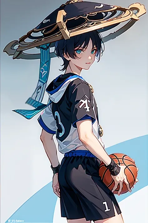 wearing basket_uniform, inside basketball field, back view, side view, basketball, straight-on, dribbling (basketball), 1boy, muscular male, blue clothes, number 10, (1boy:1.2),  (straight-on, facing viewer:1.3),, ultra detailed, masterpiece, best quality,...