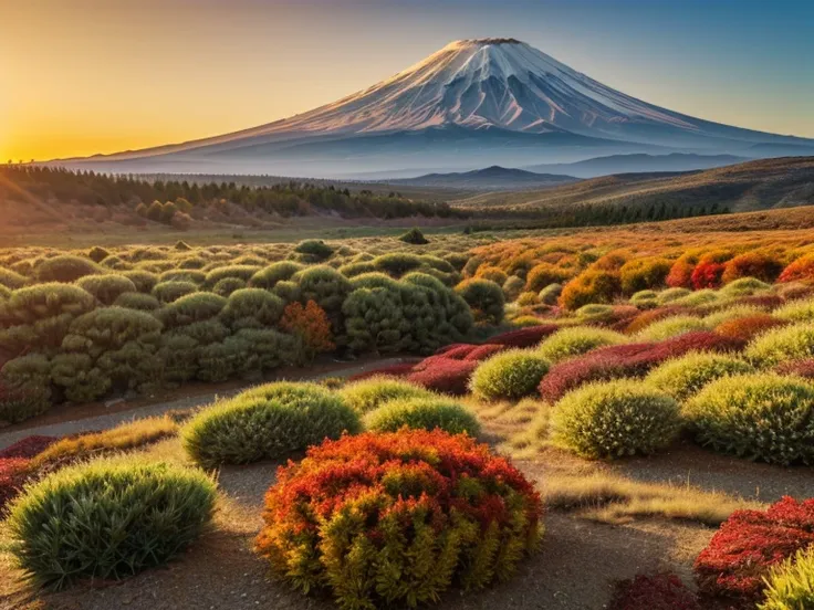 Many kochia, Morning Glow Mt. Fuji and autumn leaves of kochia, distance landscape, Fantastic sky, Clear air, Autumn scenery, Fantastic Morning Glow, occlusive perspective, ((highest quality)), ((masterpiece:1.3)), (ultra high resolution, Realistic, Photor...