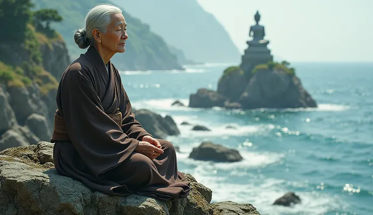 An elderly Buddhist nun woman, wearing a traditional brown kimono, meditating near a Buddha statue on top of a cliff, overlooking the ocean, where the waves break gently against the rocks.