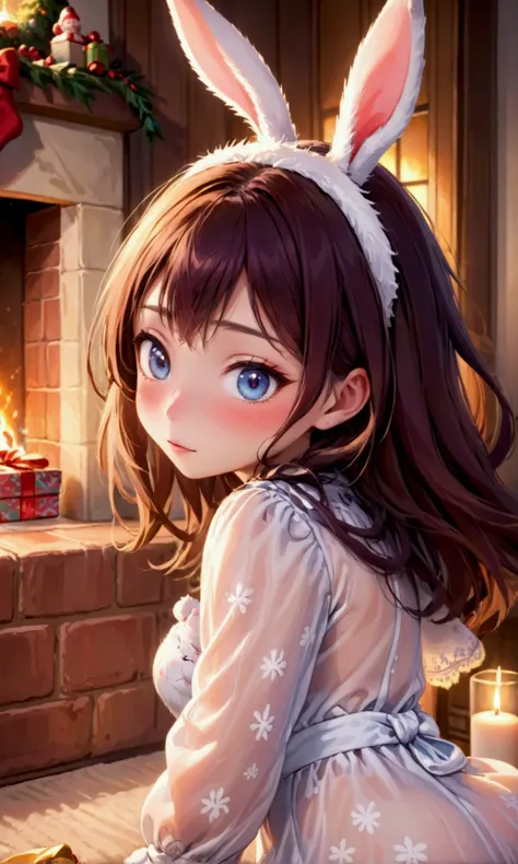 a cute yuna, 2, wearing a sheer night gown with no underwear, happily playing with a cute bunny near the fireplace, Christmas decorated living room, extremely detailed face and eyes, beautiful detailed lips, long eyelashes, realistic, photorealistic, 8k, b...