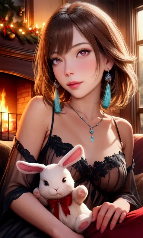 a cute yuna, 2, wearing a sheer night gown with no underwear, happily playing with a cute bunny near the fireplace, Christmas decorated living room, extremely detailed face and eyes, beautiful detailed lips, long eyelashes, realistic, photorealistic, 8k, b...