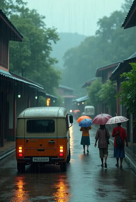 Heavy rain on a road in a village of Malaysia . The vehicle got rained on. People walking with umbrellas. 