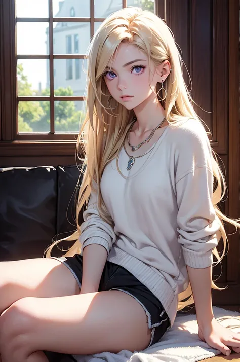 Best quality, masterpiece, ultra high res, (photorealistic:1.4), raw photo, 1girl, teenager, light blonde hair, long hair, purple eyes, expressionless, earrings, necklace, sitting in bay window, white cashmere sweater, shorts