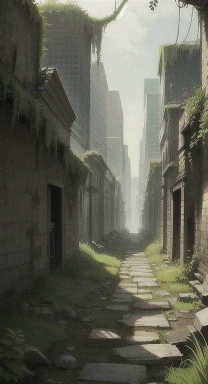 Overgrown plant life, city ruins,