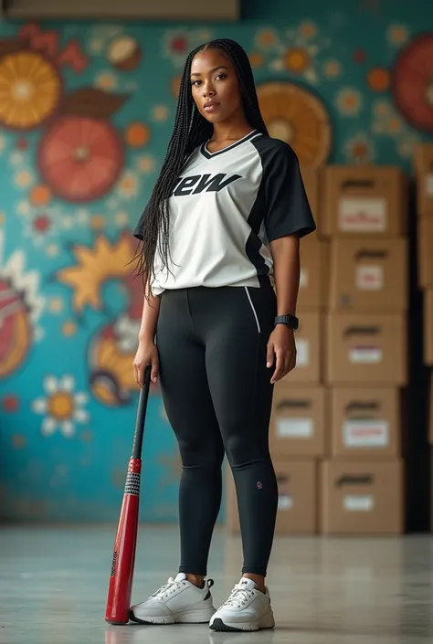 high quality, 8k ultra hd, A beautiful curvy Asian woman with braided hair, wearing a white and black baseball jersey with the words "dew" , black leggings, newbalance white shoes,Carrying a softball stick looking at the camera, standing in a warehouse, mu...