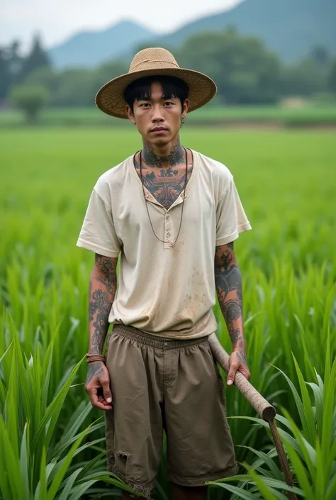 A handsome young man from Korea aged 23 years, wearing a knitted bamboo hat, wearing a shabby white T-shirt is rather dirty, ripped shorts, full body bright tattoos, Bring a hoe/hoe In the middle of the rice field surrounded by green rice