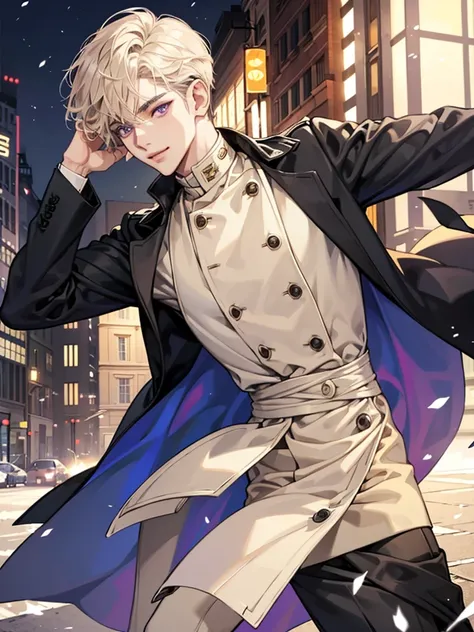 a boy with purple eyes. wavy short cream beige hair. cool, and handsome. he thin. he handsome. his hair wavy with side-parted hair. wear black jacket. Background in city. careful, happy. he looks happy. short hair. pose like model