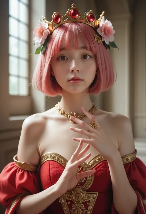 1 beautiful girl, masterpiece, best quality, 8K animation, detailed fingers, precise fingers, not unnatural hands, illustration, 1 girl, solo, pink bob cut, gold crown, flower hair ornament, sagging eyes, red mini skirt, YUI