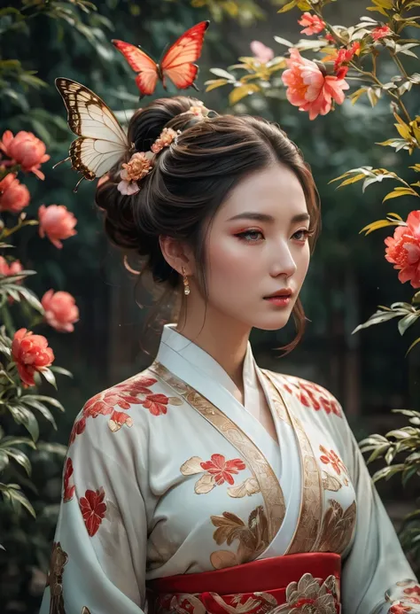 A girl, wearing hanfu, peony garden, butterfly, (negative space:1.4), fusion of art nouveau styles with gongbi painting, gold and white and red hue, Mucha style, (Cinematic lighting, ethereal light, intricate details, extremely detailed, incredible details...