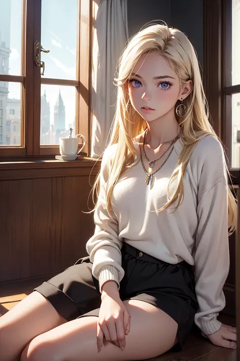 Best quality, masterpiece, ultra high res, (photorealistic:1.4), raw photo, 1girl, teenager, light blonde hair, long hair, purple eyes, expressionless, earrings, necklace, sitting in bay window, white cashmere sweater, black shorts