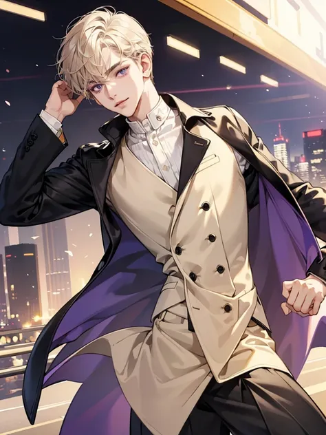 a boy with purple eyes. wavy short cream beige hair. cool, and handsome. he thin. he handsome. his hair wavy with side-parted hair. wear black jacket. Background in city. careful, happy. he looks happy. short hair. pose like model