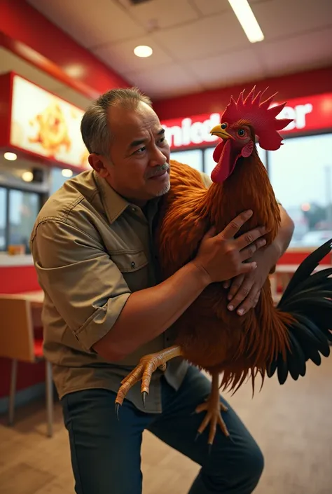 Ekkachai Buaket is fighting with a chicken in KFC.