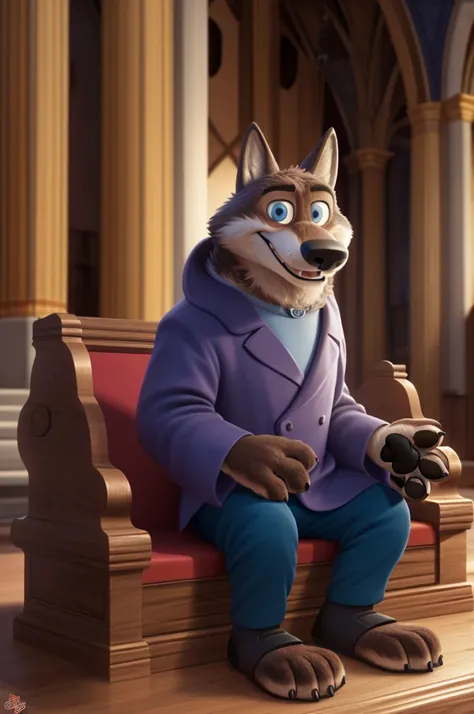 Larry (Moscow), wolf, gray fur, (brown body:1.3),beautiful blue eyes, zootopia, Dressed young,chatolic priest,red sutana,canine, wolf, detailed fur, male, antro, paw pads, finger claws, plays, of an music organ, at viewer, 5 fingers, paws, 4 fingers, sits,...