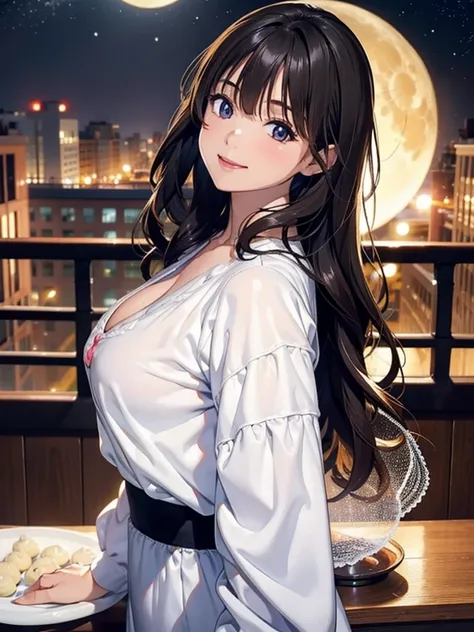 4k, bestquality, detailed, detailed scenery, detailed eyes, 1Girl, cute, adorable, straight hair, long hair, black hair, brown eyes, cleavage, smiling, looking at the camera, standing, Looking out the window, there is a one big full moon in the sky, On the...