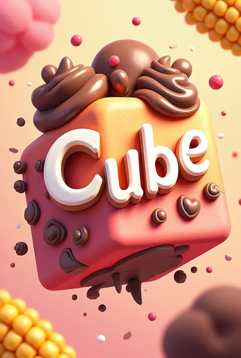 Make a poster with title C cube and with theme chocolate,cotton candy and corn
