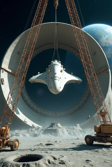 A crane on the left and a tower crane on the right, hoisting a large alien ship into a round shaft in construction, on the planet moon, in the background several holes in the moon and in the sky the view of planet earth.