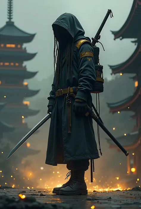 a futuristic, cyberpunk-style warrior standing with a katana in hand. The figure is dressed in a dark, hooded jacket with gold accents, resembling a modern-day samurai. The warriors face is mostly obscured by long dreadlocks and the hood. He carries anothe...