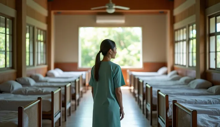 Photo of Thai people in a nursery that takes care of the elderly. There are 10 elderly people lying in the room on patient beds and a 50-year-old woman is the caregiver. The picture emphasizes the patient clearly. The viewer is in the back in a large hall ...