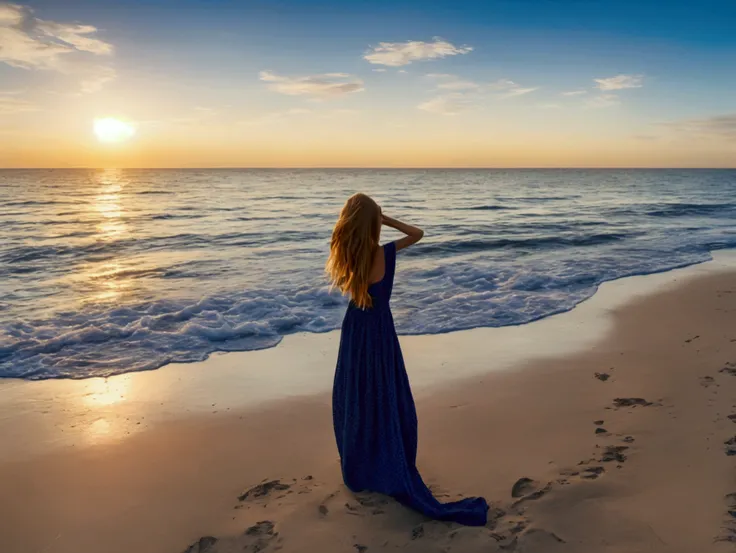 Create a serene and calming scene of a girl playing a grand piano on a beach. The piano is positioned on the sandy shore, with the gentle waves of the ocean in the background. Nearby, there is a cozy beach house with large windows and a welcoming porch, ne...