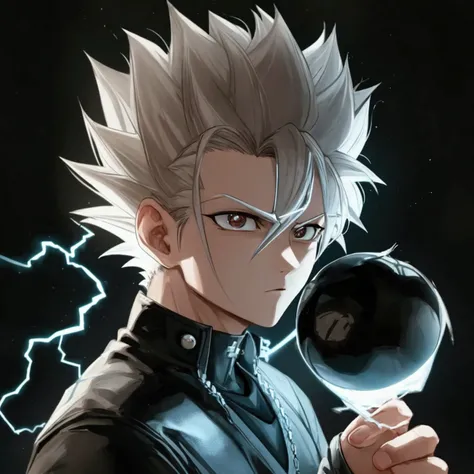 eeing of the right, adult male, a character up to the waist, holding a black dark sphere of energy with white lightning parts like a lightning bolt illuminating around the sphere and in the middle of it, as if it were destroying the sphere and dodging, but...