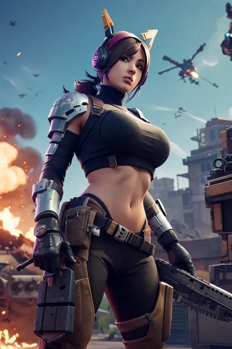 Skin de fortnite,chica sexy , big breasts,big legs, perfect body,Face down  ,War ,in the middle of a confrontation ,He wears a scar and a beak ,Face down ,firing a scarl-L rifle ,mounted on the shoulder of a giant robot ,Titanfall,a steel jaeger with multi...