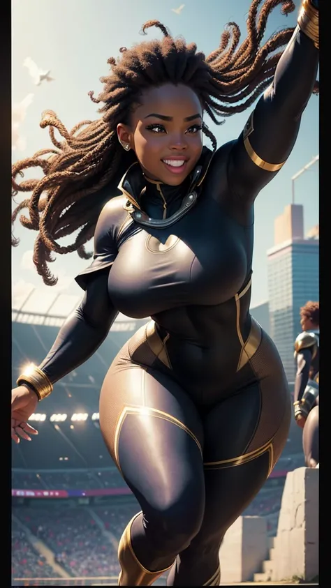 photorealistic, an African American group of women, superhero group, beautiful, spandex tights, cute pose for the camera, (Best quality, 8k, 32k, Masterpiece, UHD), 32K wallpaper, sport stadium background, super hero costume, cape, thick body figure, chubb...