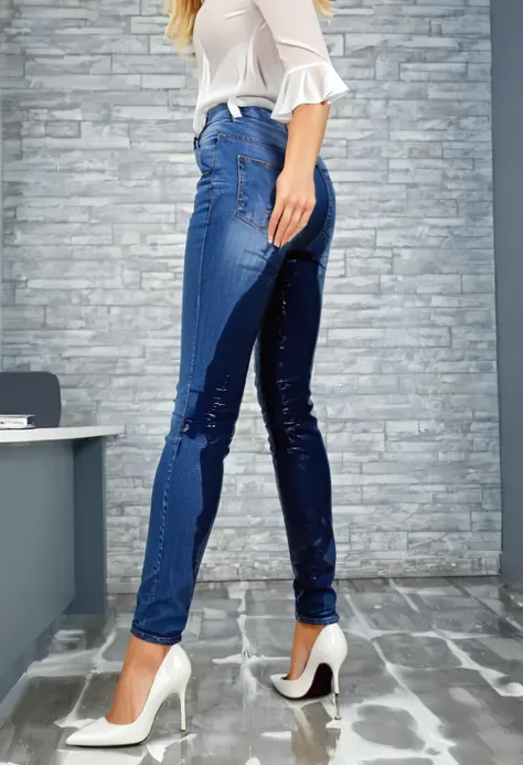 (((full-length body shot))), (((head in frame))), ((blue eyes)), attractive blonde woman wearing flared leg dark blue jeans, high heel pumps, white blouse, standing in an office,  wetting, big smile, pee stains are gleaming wet