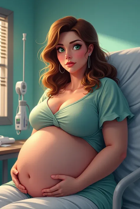 Fat human woman in delivery room, she has green eyes, brown hair with blonde highlights and green eyes. 