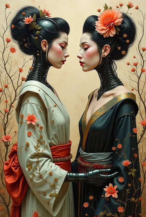 collage painting, many robot geishas, wires, buttons, circuits, vines, twigs, nature, science, dramatic, sexy, romanticism, neo-...