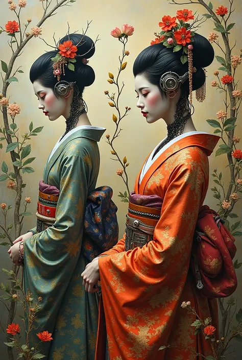 collage painting, many robot geishas, wires, buttons, circuits, vines, twigs, nature, science, dramatic, sexy, romanticism, neo-...