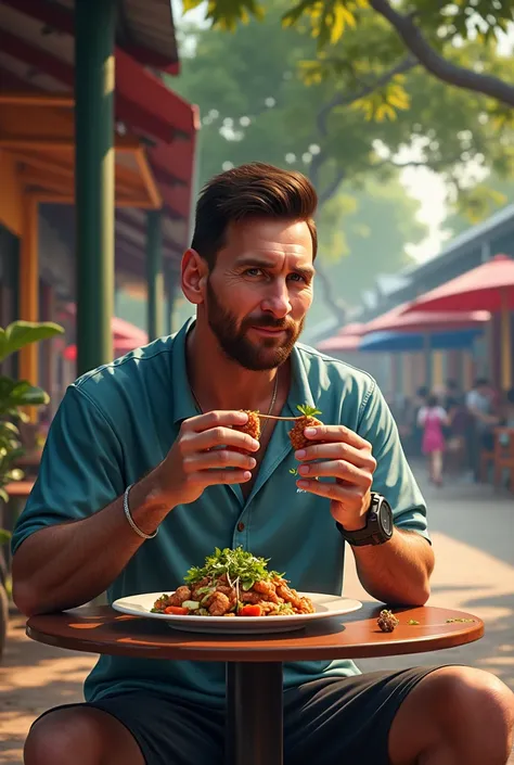 Messi eats pork salad in Thailand


