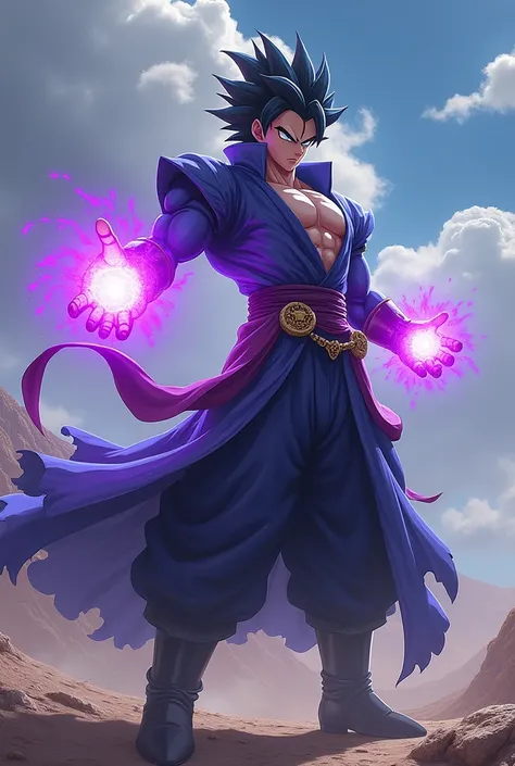 Satoru Gojo with the costumes, Goku&#39;s aspects and power (a ball of purple emptiness in the hands) <xml><input>realistic</input></xml>,  needs to be more like gojo and have blue eyes