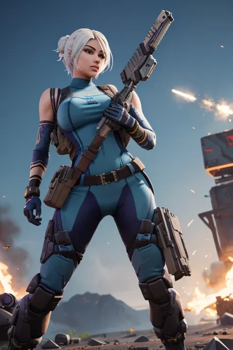 Skin de fortnite,chica sexy , big breasts,big legs, perfect body,Face down  ,War ,in the middle of a confrontation ,He wears a scar and a beak ,Face down ,firing a scarl-L rifle ,mounted on the shoulder of a giant robot ,Titanfall,a steel jaeger with multi...