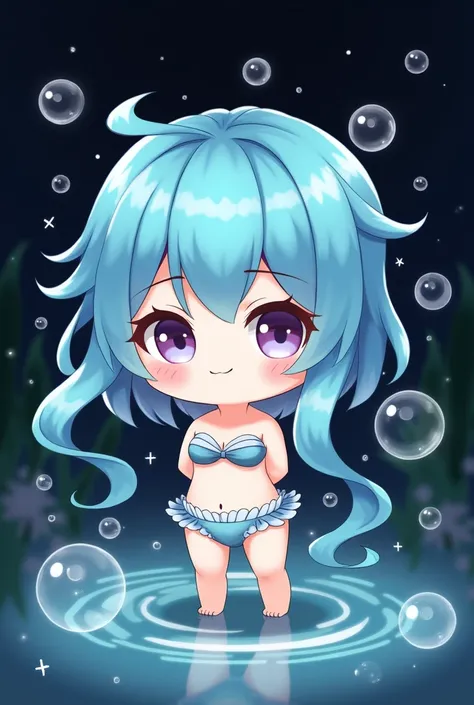 chibi style, arms behind back, surrounded by water bubbles, with cute blue tentacle hair, wearing sea shell bathing suit, black background, High Resolution, Best Quality, HD, High Details, Detail, High Quality, Quality, Super Detailed, UHD, 