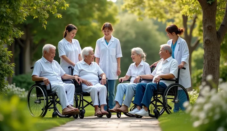 Photo of 1 Thai person, 5 elderly people, sitting in a wheelchair, 2 elderly women, 3 people standing next to 3, there are 2 women, 40 years old, wearing white lab coats, taking care of the background, a garden in the house, with beautiful trees.