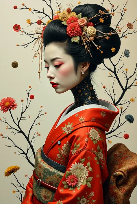 collage painting, many robot geishas, wires, buttons, circuits, vines, twigs, nature, science, dramatic, sexy, romanticism, neo-...