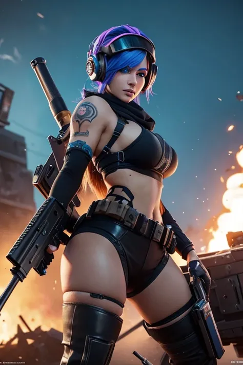 Skin de fortnite,chica sexy , big breasts,big legs, perfect body,Face down  ,War ,in the middle of a confrontation ,He wears a scar and a beak ,Face down ,firing a scarl-L rifle ,mounted on the shoulder of a giant robot ,Titanfall,a steel jaeger with multi...