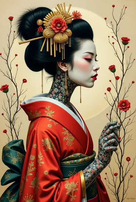 collage painting, many robot geishas, wires, buttons, circuits, vines, twigs, nature, science, dramatic, sexy, romanticism, neo-...